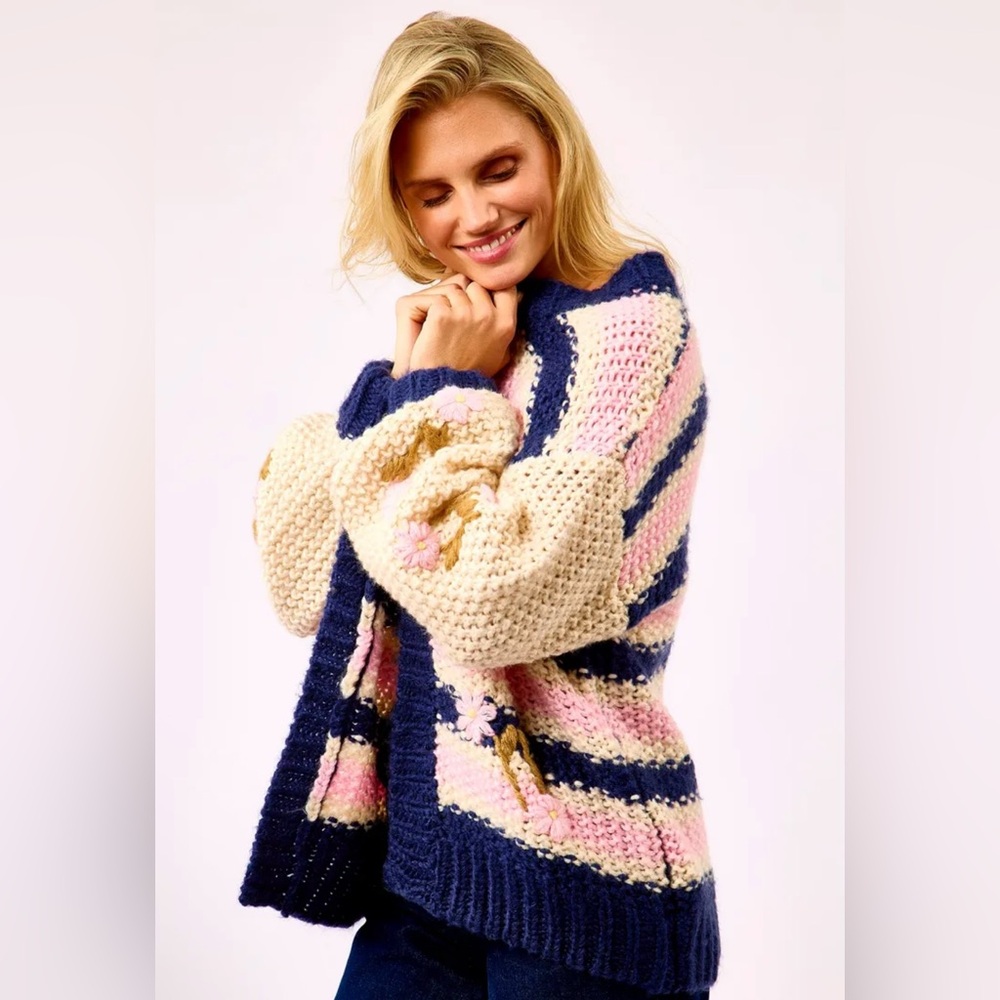 FRNCH Dahlia Striped Knit Cardigan - Navy, Pink, and Cream Size Medium NWT